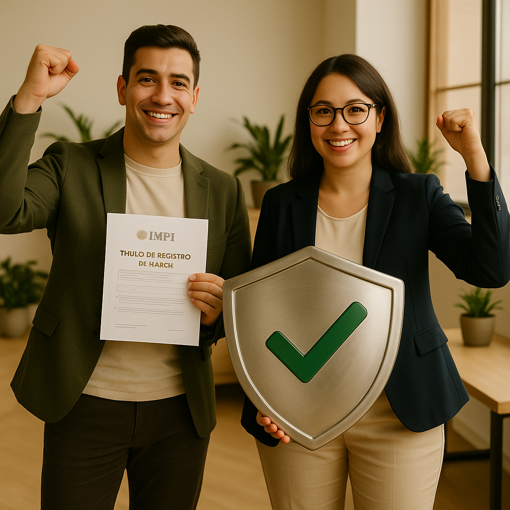 Dos personas sonriendo, una sosteniendo un documento y la otra una placa de escudo con una marca de visto en color verde, celebrando un logro.