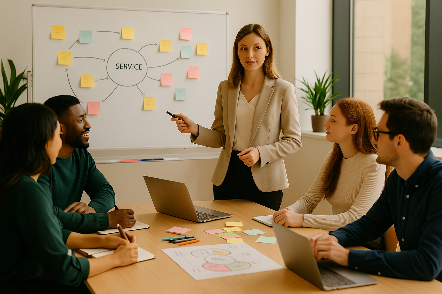 Mujer de pie presentando un diagrama con notas adhesivas a un grupo de cuatro personas en una sala de reuniones con laptops y papel, en una oficina con luz natural y plantas.