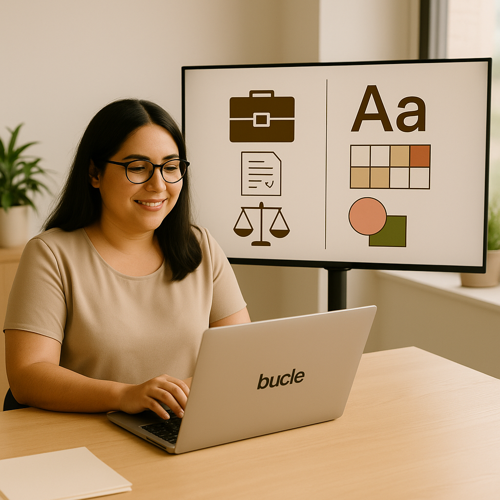 Una mujer sonriendo, sentada frente a una laptop en una oficina, con un cartel de presentación que tiene iconos de una maleta, documento y balanza, y elementos de color y letra en el fondo.