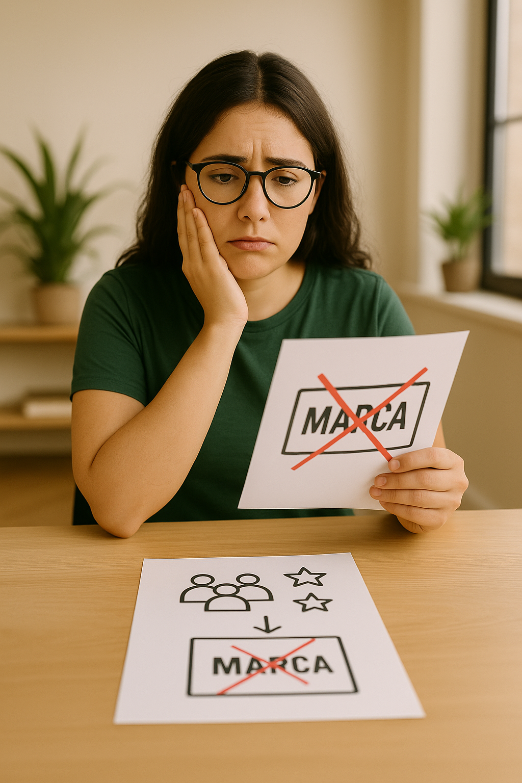 Mujer con gafas sosteniendo un papel con la palabra 'marca' tachada con una cruz roja, con expresión de confusión o preocupación.
