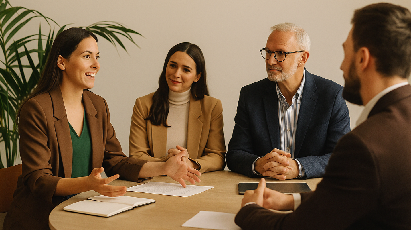 Reunión estratégica entre distintos actores del negocio para dialogar, alinear decisiones y revisar información clave. La imagen refleja procesos de coordinación y estructura que permiten sostener el crecimiento empresarial de forma colaborativa.