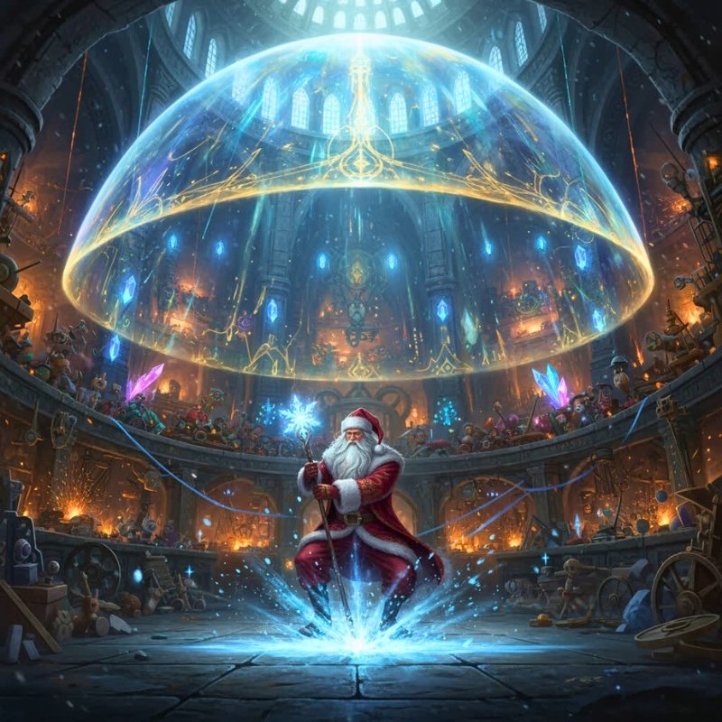 Santa Claus in a workshop with a magical glowing sphere of energy above him, surrounded by toys and festive decorations.