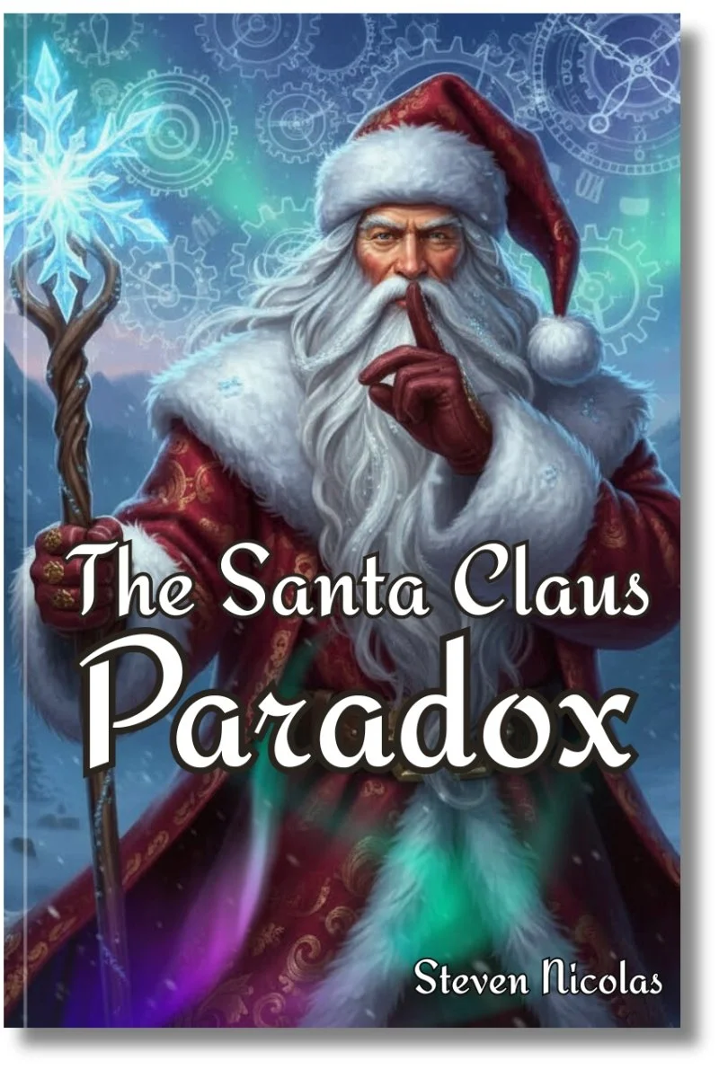 Book cover featuring Santa Claus with a long white beard, wearing a red hat with white trim, holding a wooden staff with a glowing snowflake. The background shows a winter scene with snow and blue hues, including machinery and gear illustrations. The title reads 'The Santa Claus Paradox' and the author's name is Steven Nicolas.
