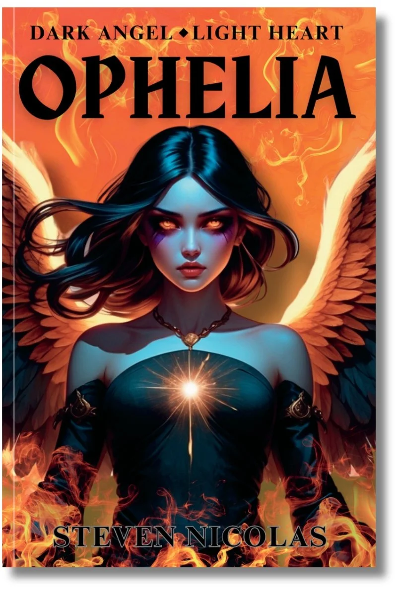 Book cover for 'Dark Angel Light Heart,' featuring a dark-haired woman with glowing orange eyes, black wings, surrounded by flames, wearing a dark dress with a glowing heart-shaped light on her chest, and the author's name Steven Nicolas at the bottom.