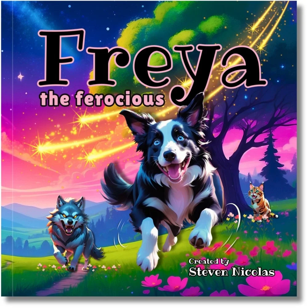 Freya the Ferocious Book Cover. Colorful fantasy scene featuring a running border collie dog, a howling wolf, and a playful cat in a vibrant landscape with flowers, trees, a rainbow sky, and shooting stars.