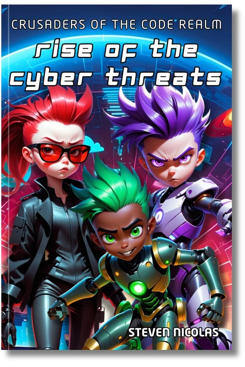 Cover of a book titled 'Rise of the Cyber Threats' from the 'Crusaders of the Code Realm' series, featuring three animated characters with vibrant hair and cybernetic armor set against a futuristic, digital background.