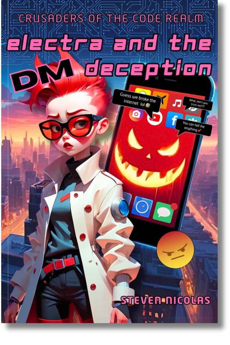 Electra and the DM deception,' featuring a cartoon female character with pink hair, red glasses, and a white coat, standing against a city skyline at sunset. includes a large smartphone with a jack-o'-lantern face, app icons, and speech bubbles with humorous messages. The text on the poster emphasizes 'Crusaders of the Code Realm' and includes the author Steven-Nicolas's name.