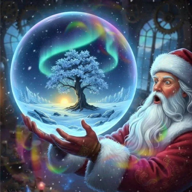 Santa Claus holding a snow globe with a snow-covered tree and aurora borealis inside, set in a festive indoor setting.