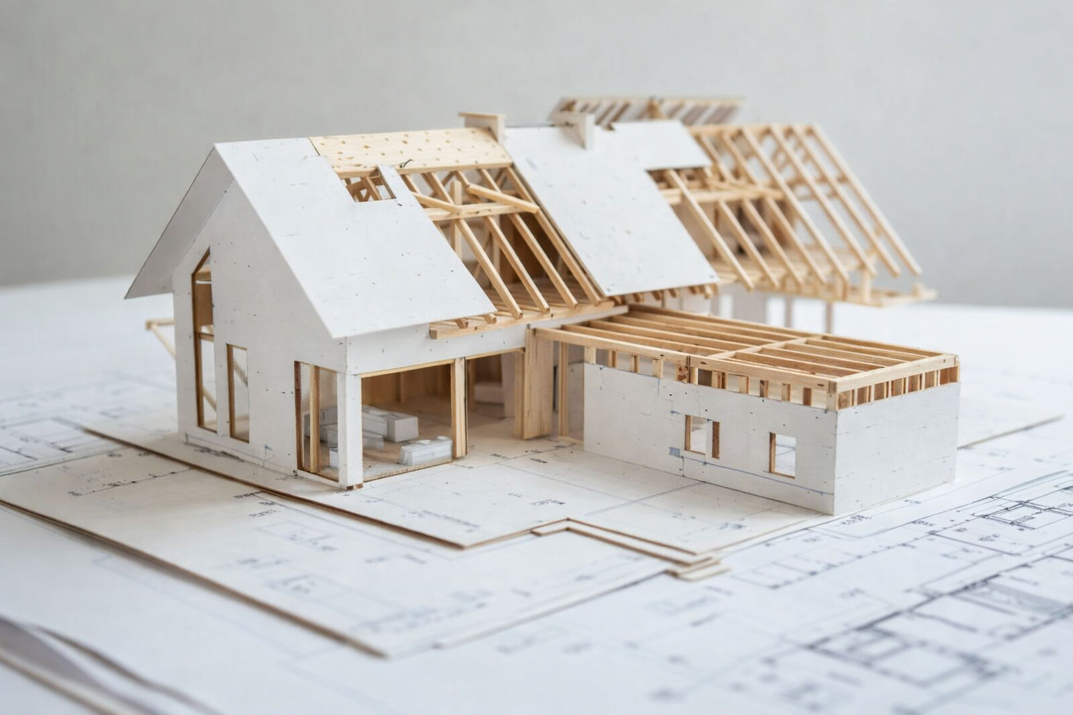 A detailed architectural model of a house under construction, featuring walls, multiple sloped roofs, and open frameworks, placed on architectural blueprints.