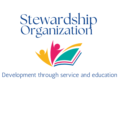 Logo of the Stewardship Organization with a colorful, abstract design of people and books, accompanied by the tagline, 'Development through service and education.'