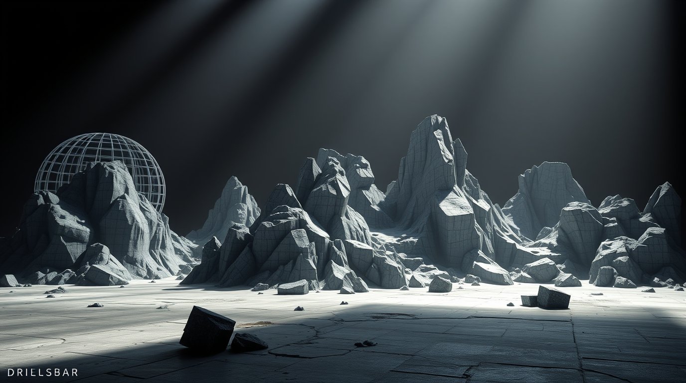 A high-resolution stock photo depicts a game world's creation, transitioning from wireframe to textured shader model, incorporating various styles from pixel art to realistic rendering. Intense dramatic lighting creates high .jpg