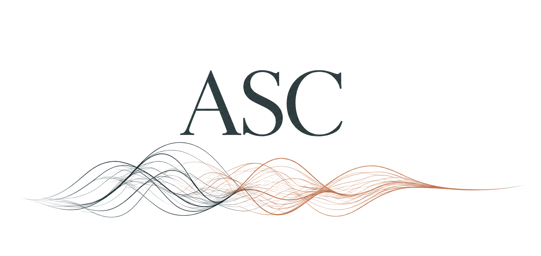 Abstract background with black and orange wave lines and the letters 'ASC' in large font at the center.
