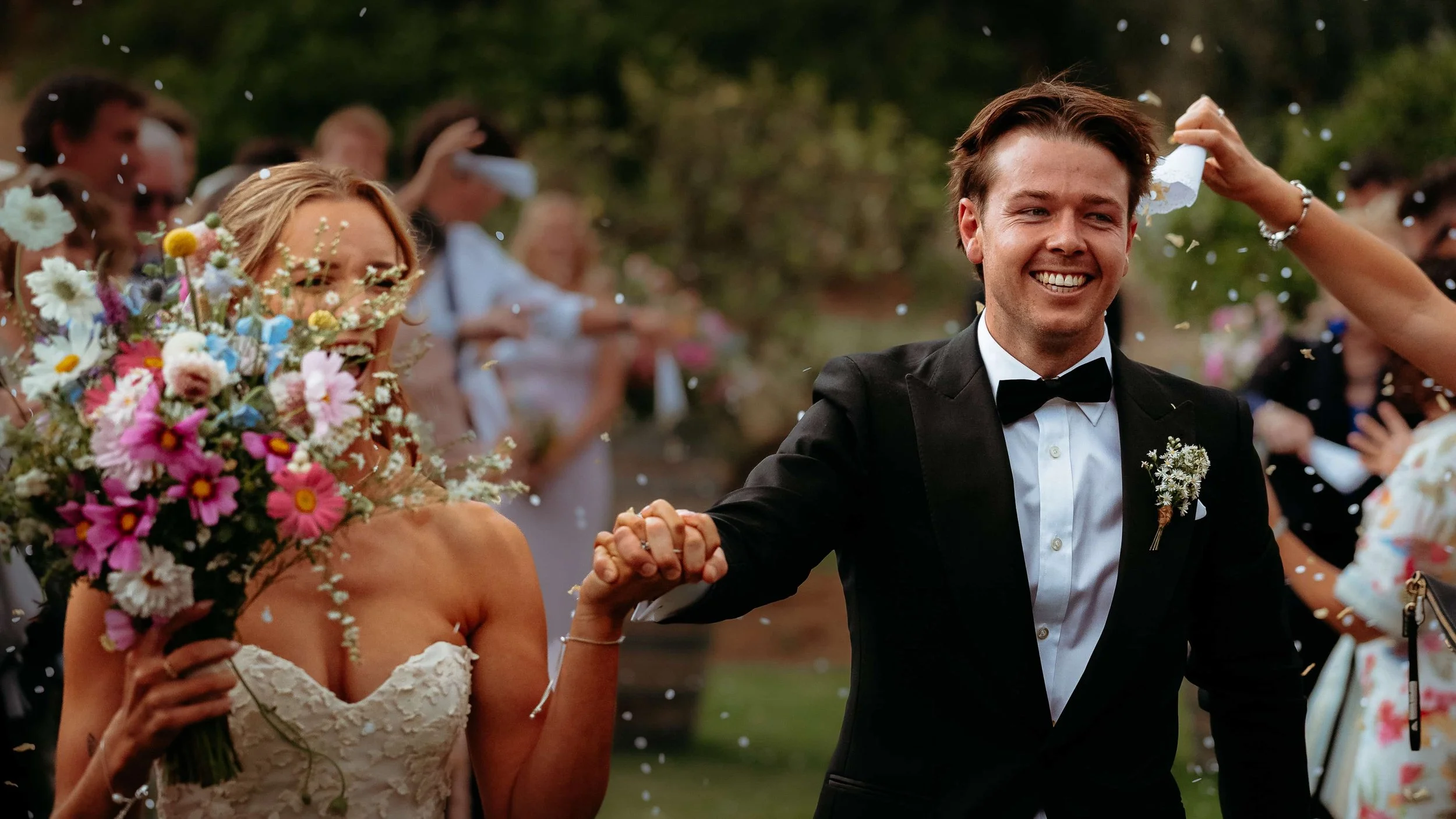 happy couple flowers Adelaide hills wedding photographer