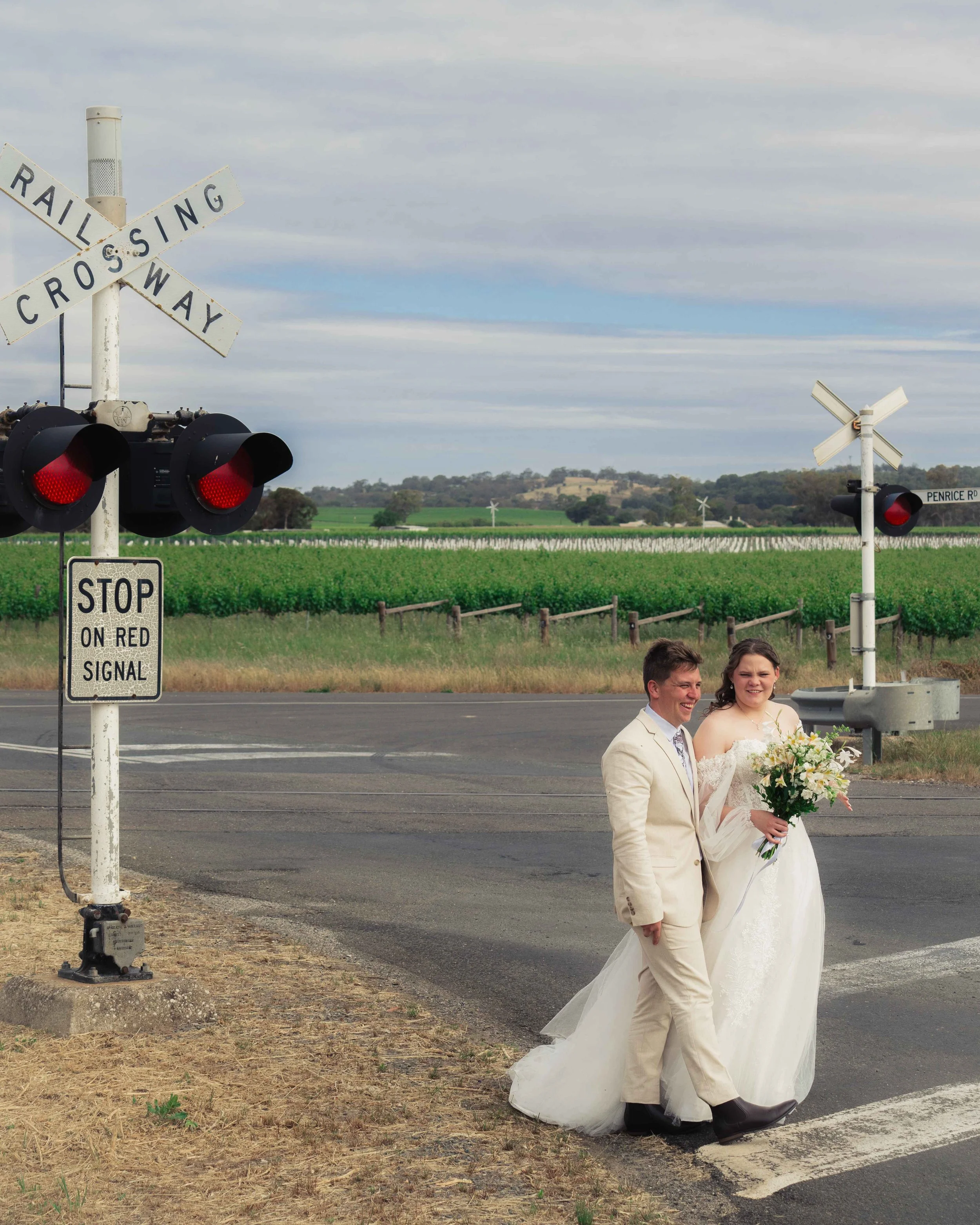 bride and groom traffic lights rail road vineyards artistic journalistic adelaide hills