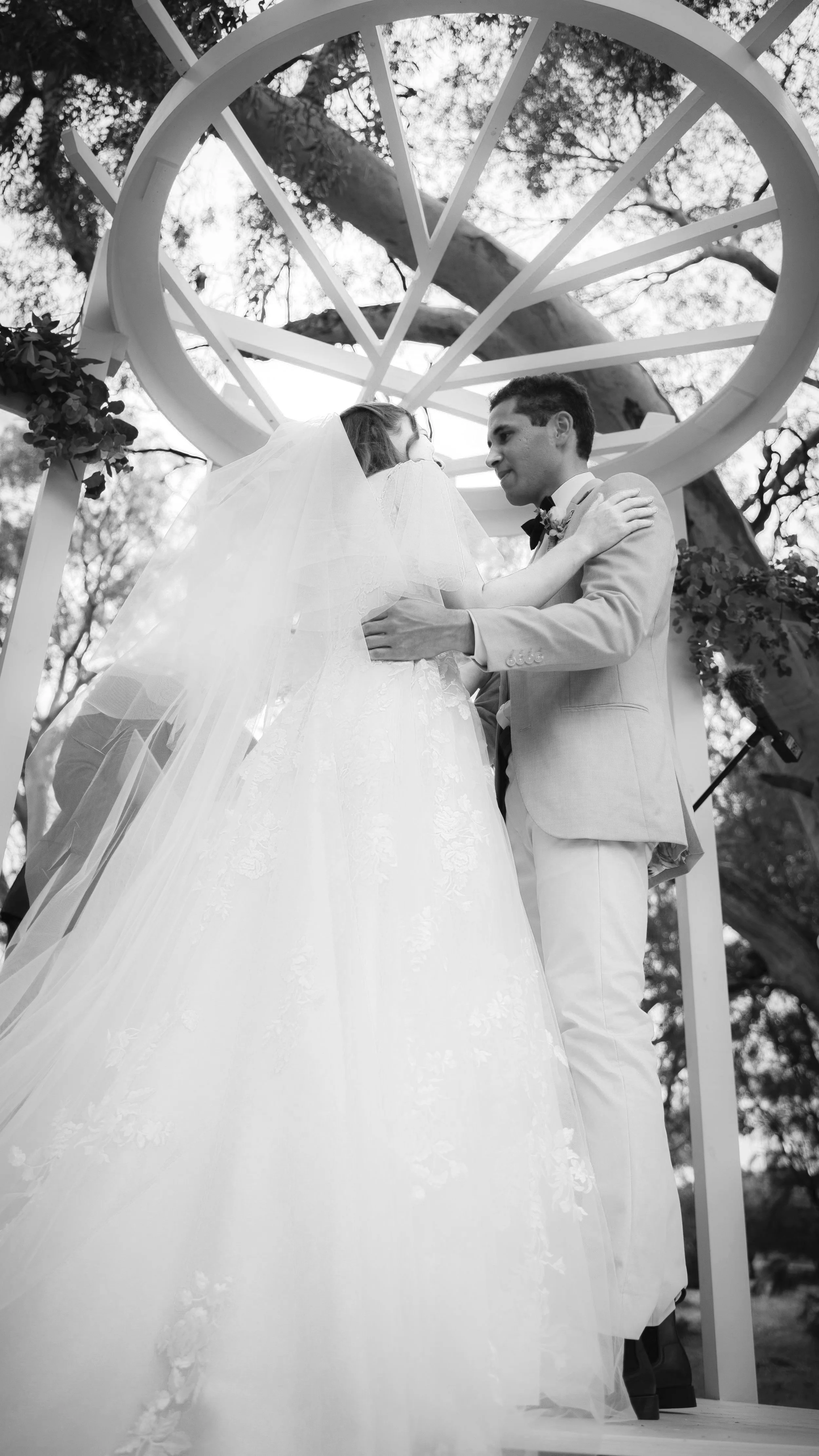 Adelaide hills wedding couple arbor black and white
