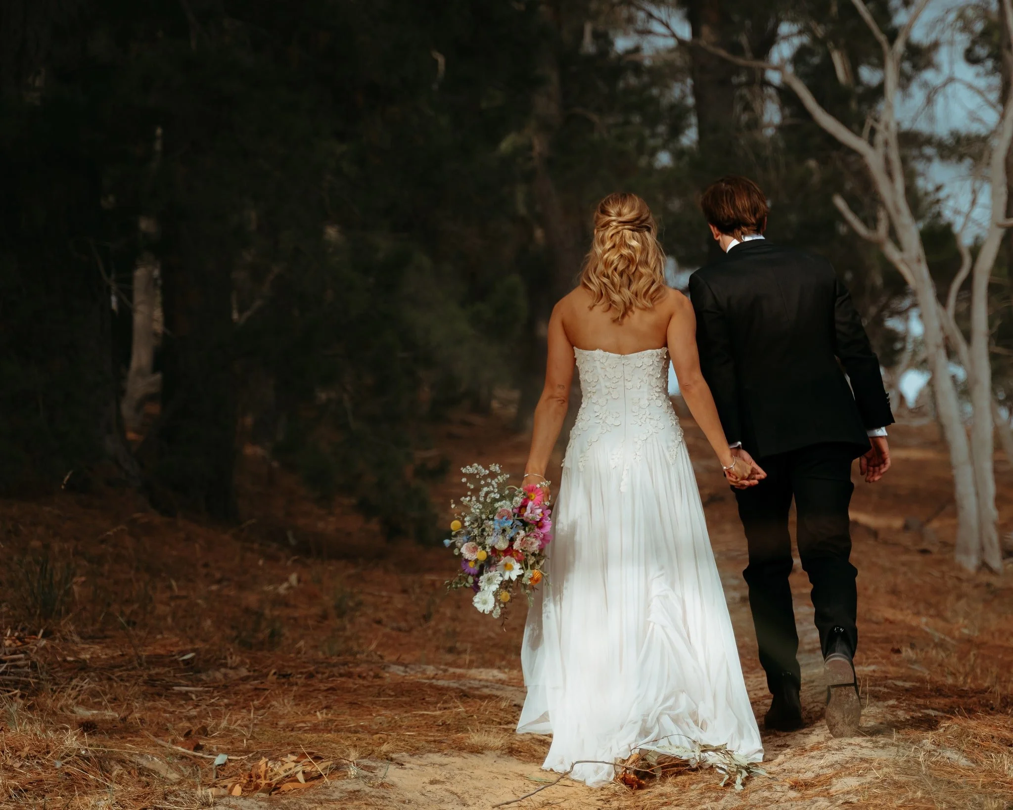 Adelaide hills wedding photographer forest holding hands candid