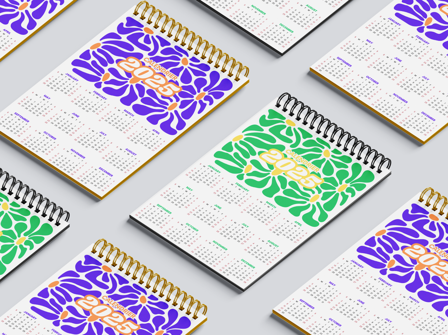 Calendriers 2025 avec motifs colorés et spirales sur fond gris.