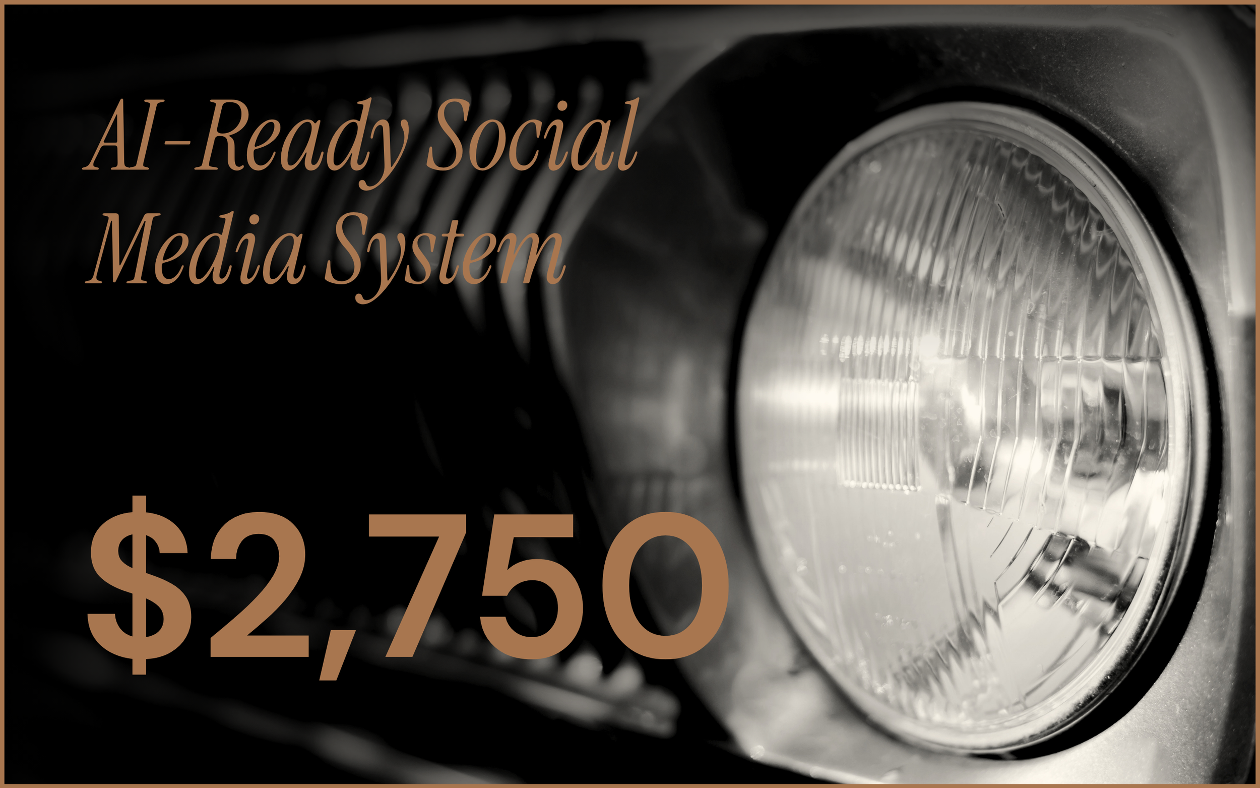 Assembl Studio AI-Ready Social Media System pricing card featuring a vintage car headlight and pricing from $2,750.