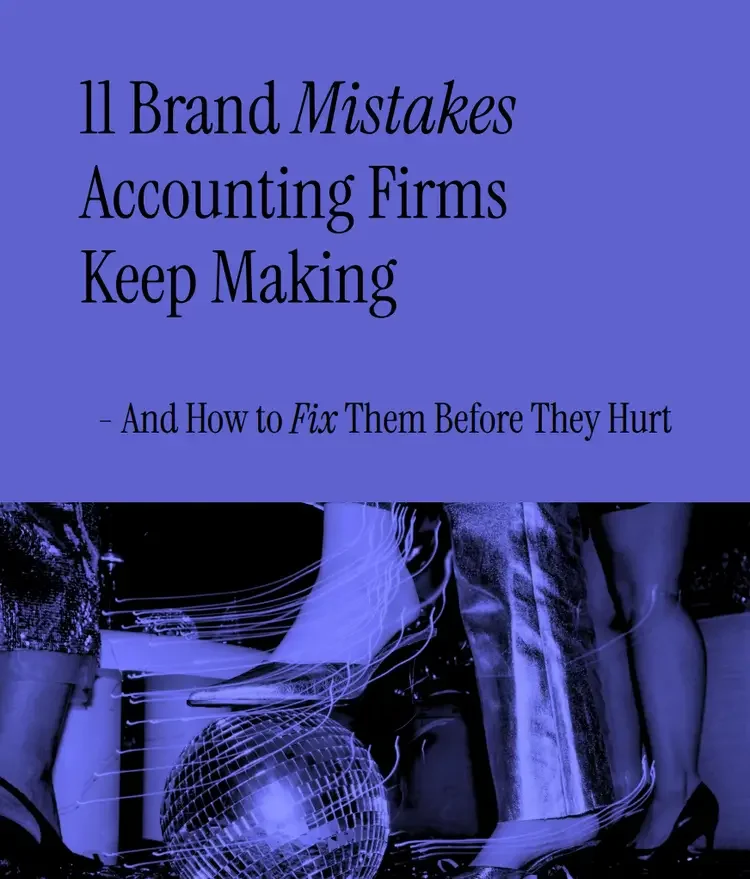 Book cover titled '11 Brand Mistakes Accounting Firms Keep Making - And How to Fix Them Before They Hurt', featuring a purple background with black and white images of people dancing and a disco ball.
