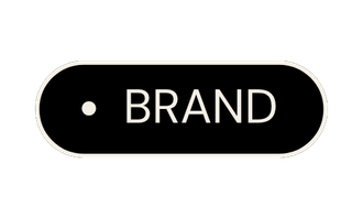 Black tag with white oval border and the word 'BRAND' written inside