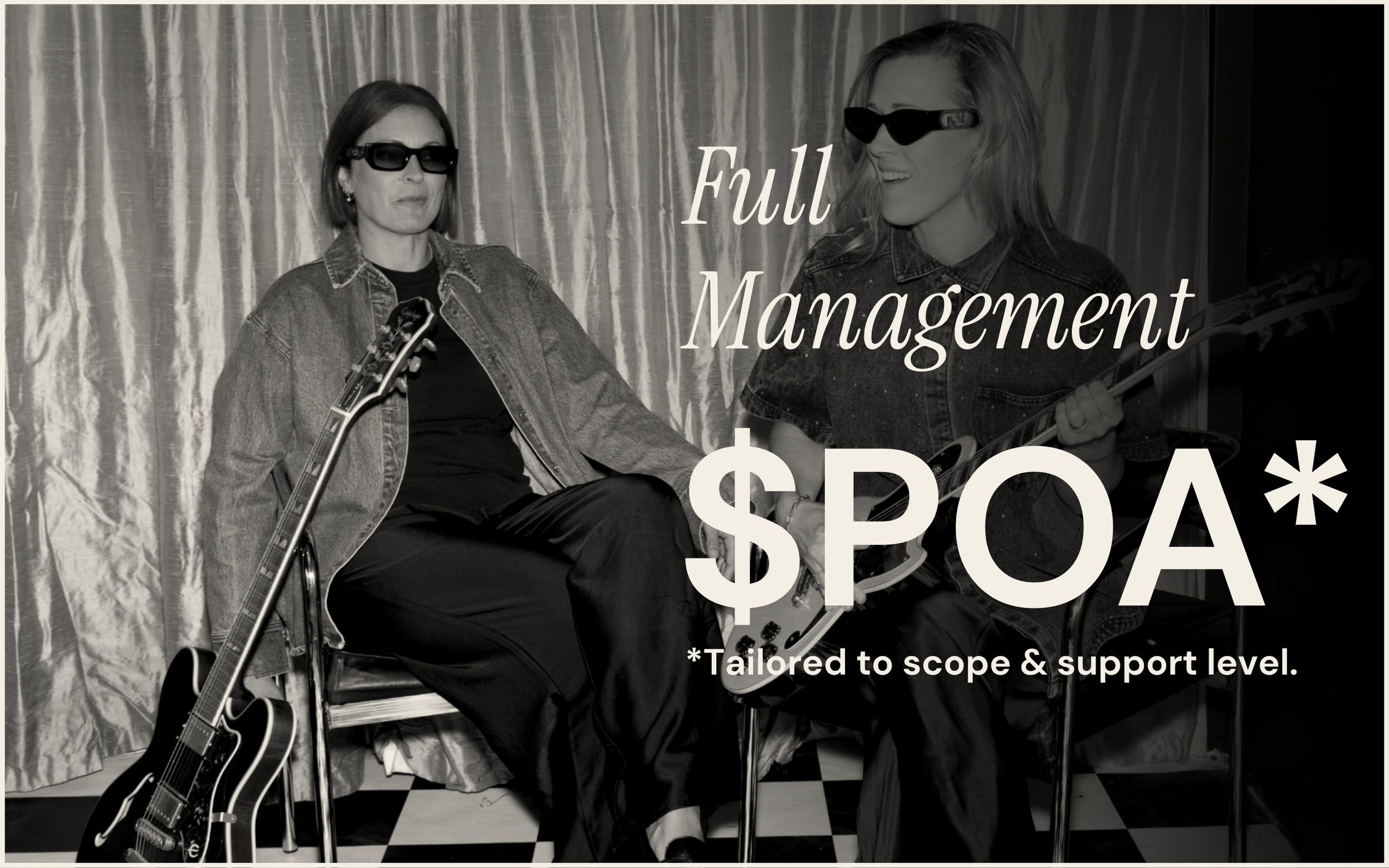 Assembl Studio Full Management service pricing card featuring founders Jade Burger and Nat Eady with guitars and pricing from $POA.