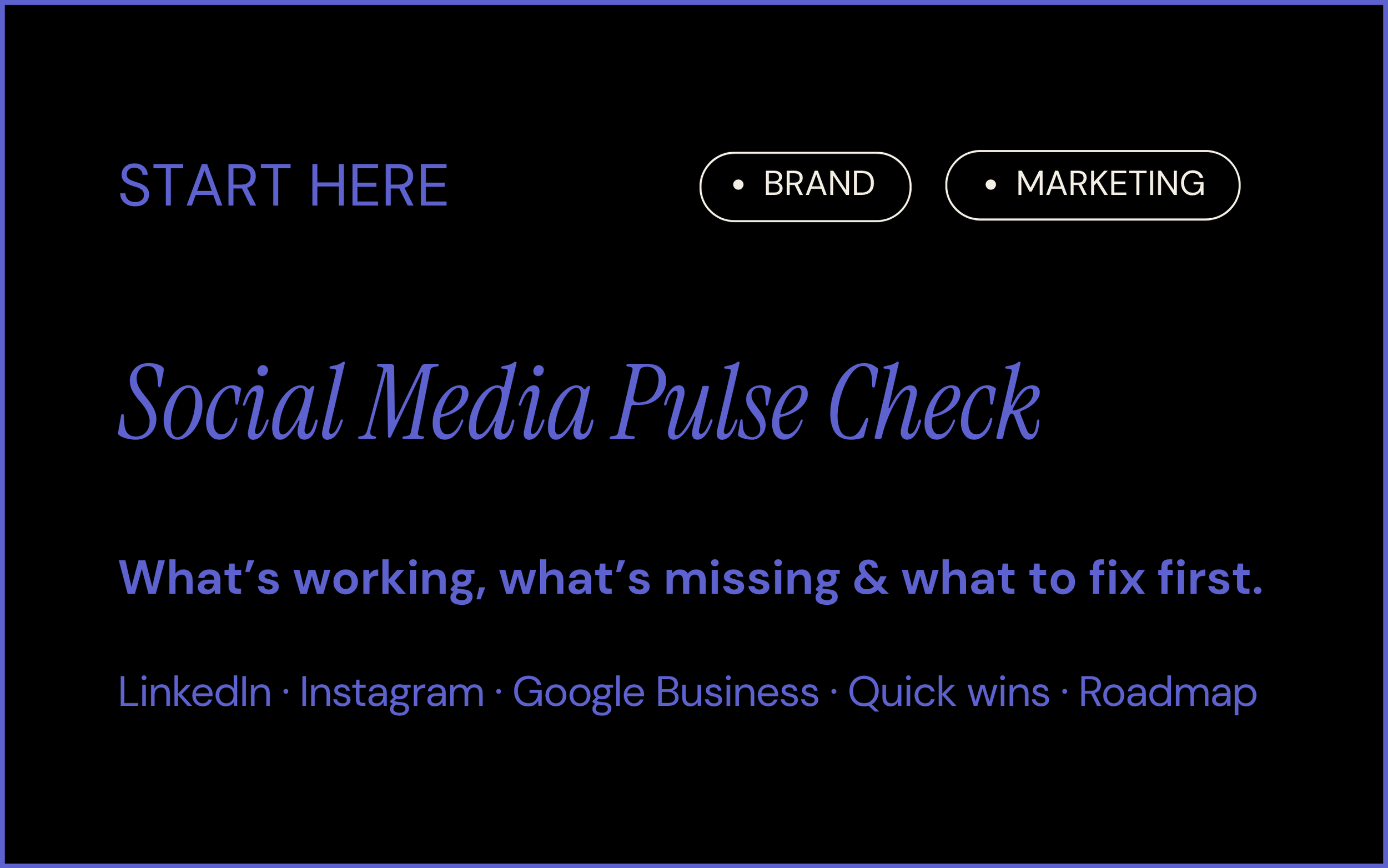 Assembl Studio Social Media Pulse Check overview describing LinkedIn, Instagram and Google Business reviews with quick wins and roadmap guidance.