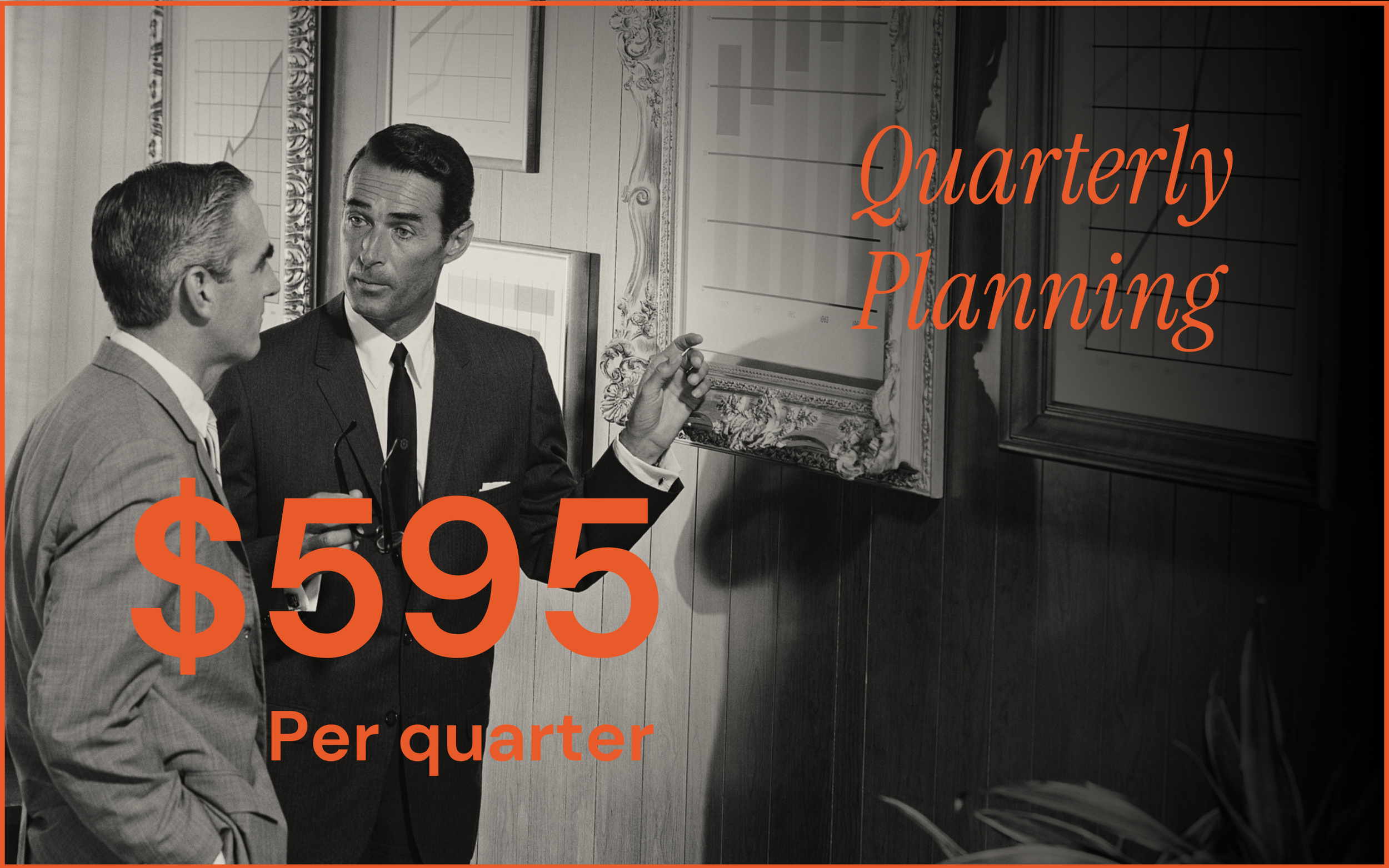 Assembl Studio Quarterly Planning service pricing card featuring a vintage business meeting scene and pricing from $595 per quarter.
