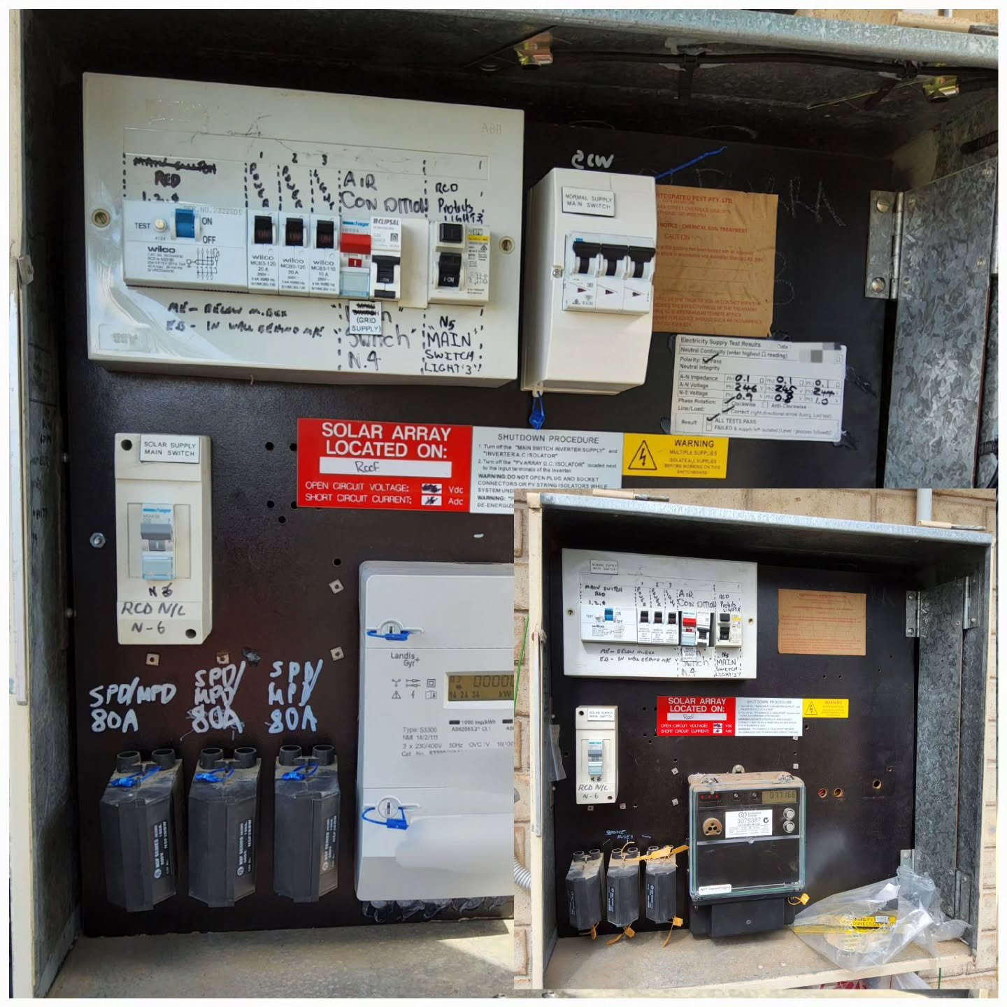 This existing site was using a 3-Phase RCD (safety switch) to isolate all power to the home. 
(Bottom-right photo)

We reconfigured the wiring and installed a brand-new 3-phase main switch to ensure compliance with current electrical safety standards