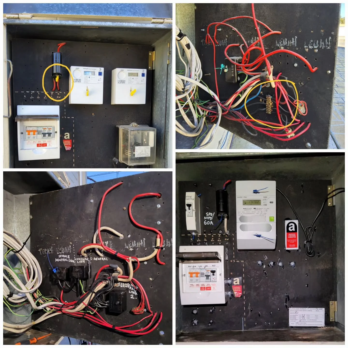 As you can see in the circled photos, the switchboard was dangerously close to catching fire.

This was caused by a loose connection and an overload on the supply cables.

We replaced all affected wiring and installed a current-limiting main switch t