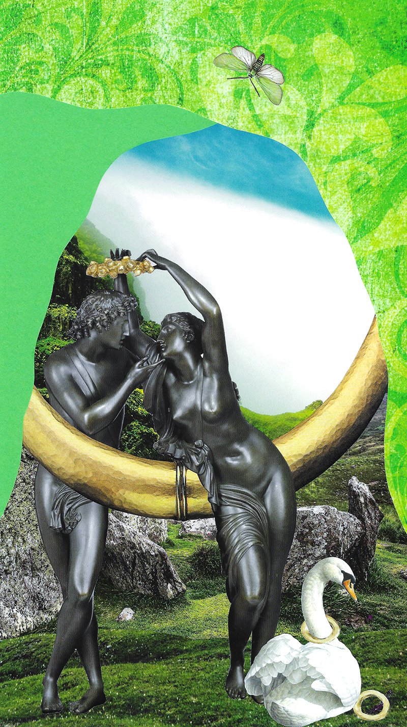 Kunstnerisk collage med to skulpturer i en naturlig baggrund, en svane og en guldsmed, omgivet af grønne og gyldne elementer.