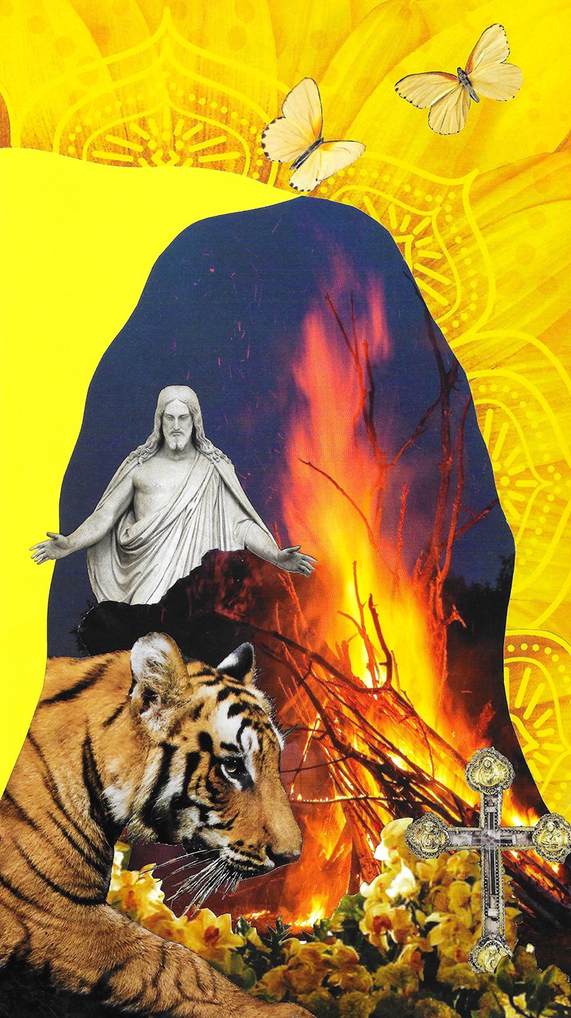 Collage med tiger, statue, kors, sommerfugle, bål og lyse gule mønstre.