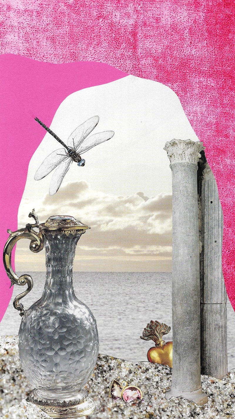 Kollage med glasskande, søjler, guldsmykker og guldsmed mod en havbaggrund og pink himmel.