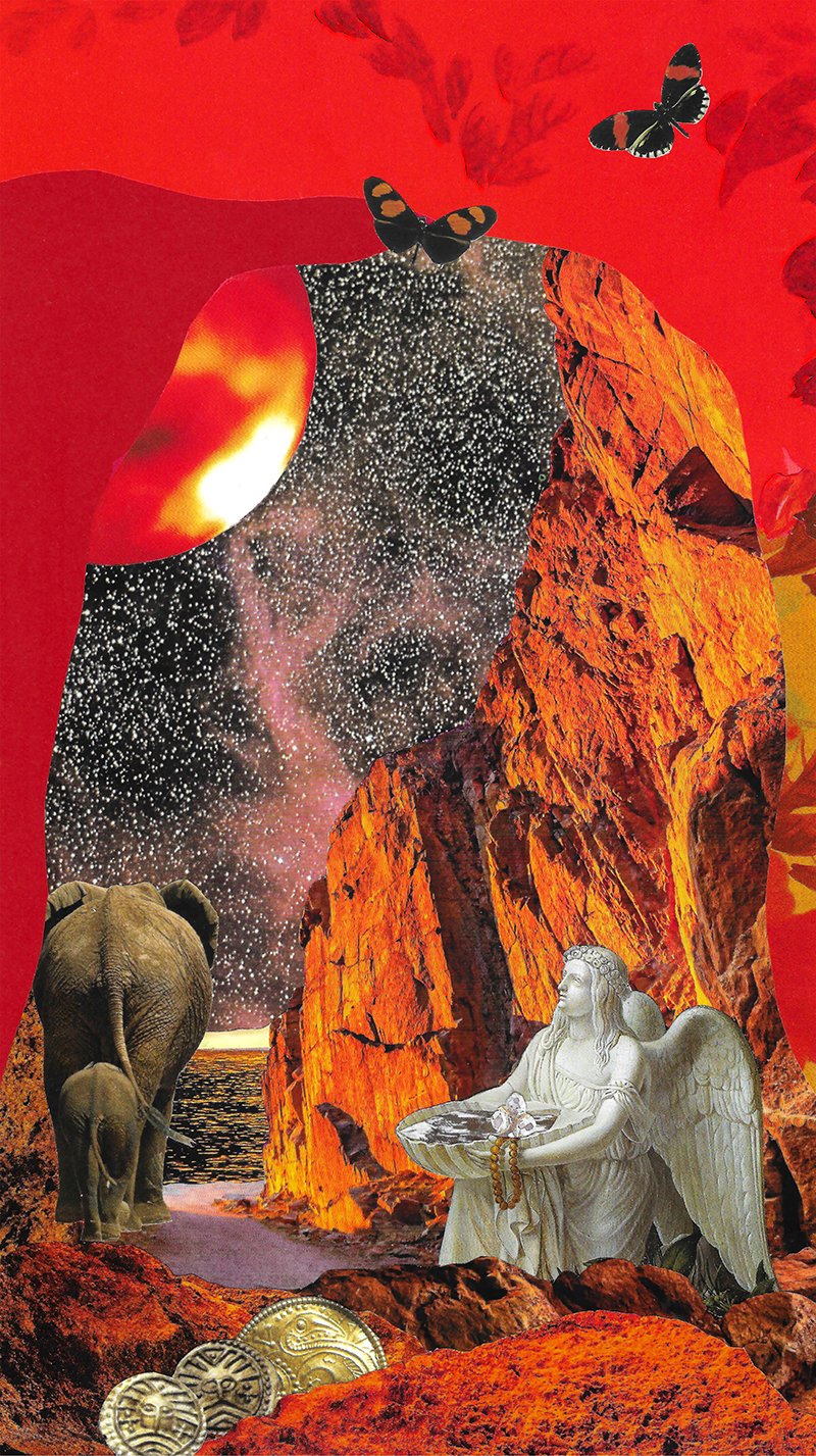 Surrealistisk billede med en elefant, en engelstatue, gyldne mønter, røde klipper, universet og sommerfugle under en rød himmel.
