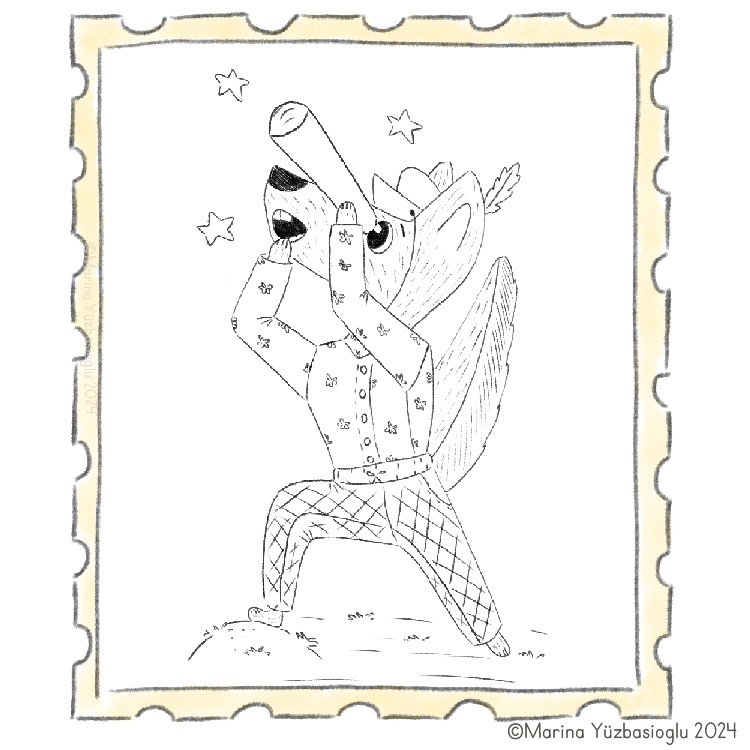 Illustration of a cartoon wolf wearing a patterned shirt and pants, blowing a trumpet, surrounded by stars, framed like a stamp.