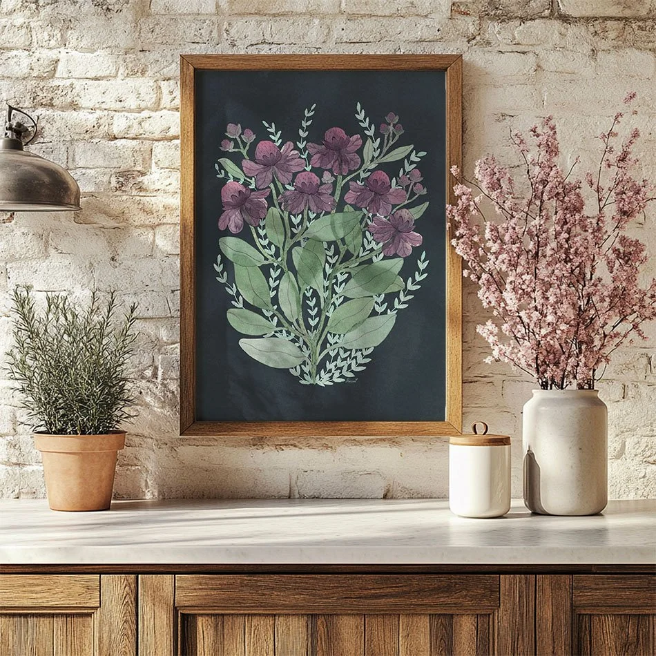 Delicate violet petals and rich, atmospheric tones create a cozy, enchanting vibe—perfect for bedrooms, living rooms, reading nooks, or any space that could use a nature-inspired statement.