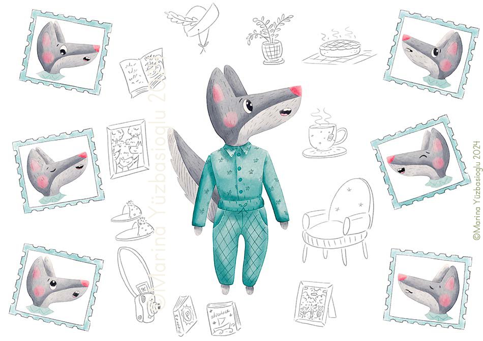 Illustration of a cartoon wolf in pajamas, surrounded by postal stamp-like frames showing different expressions. Additional doodles include a plant, a chair, a cup, a book, and a postcard.