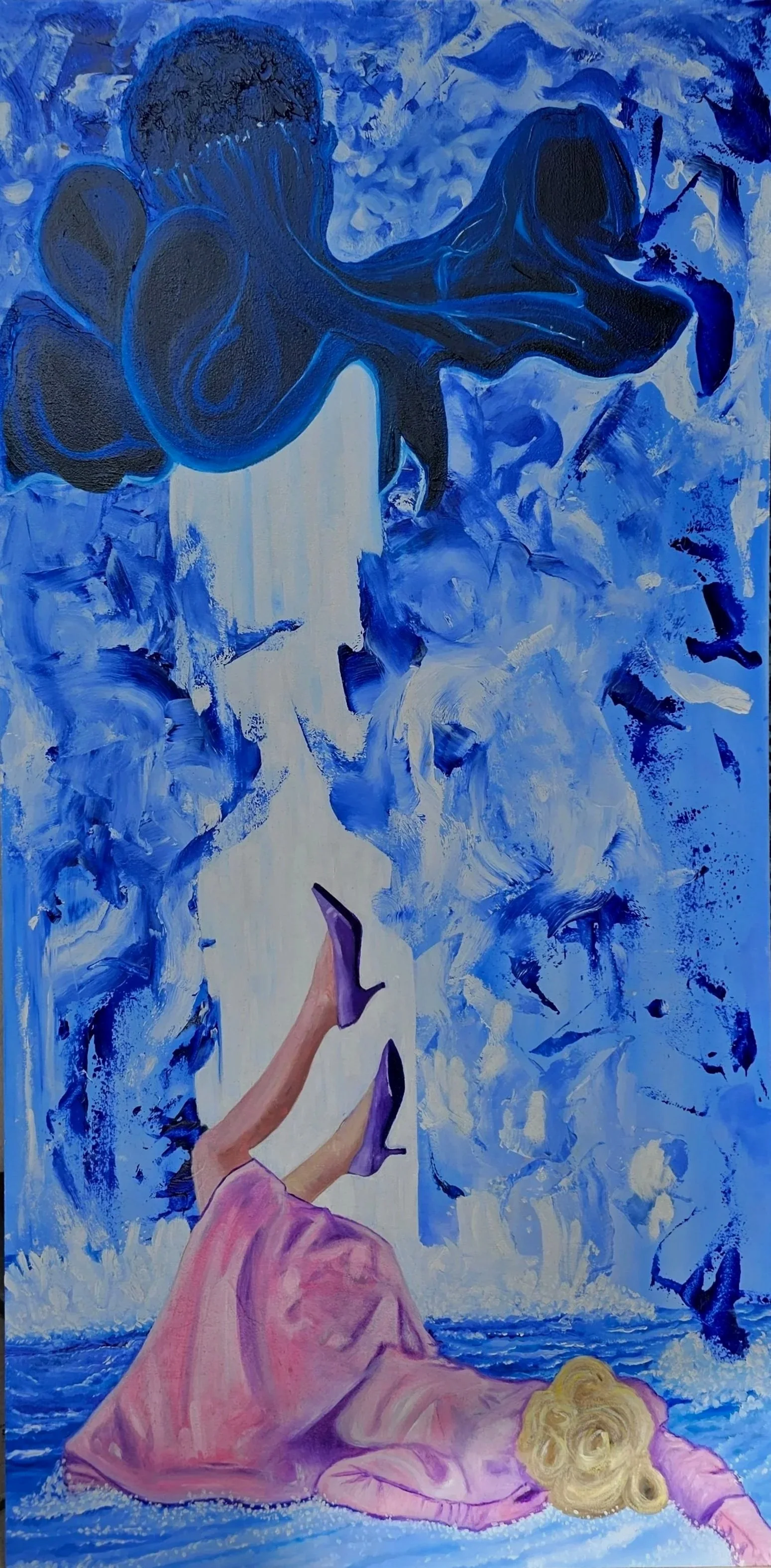 'Down She Goes', 'Forced To Fall', Blown Over'.
.
Surreal, dramatic, and emoThe first of the larger oil pieces.  The striking blues are Phthalo Blue &  Ultra Marine Blue. 
. 
Blondie, inspired by photographer and performance artist Anja Niemi.
45x85c
