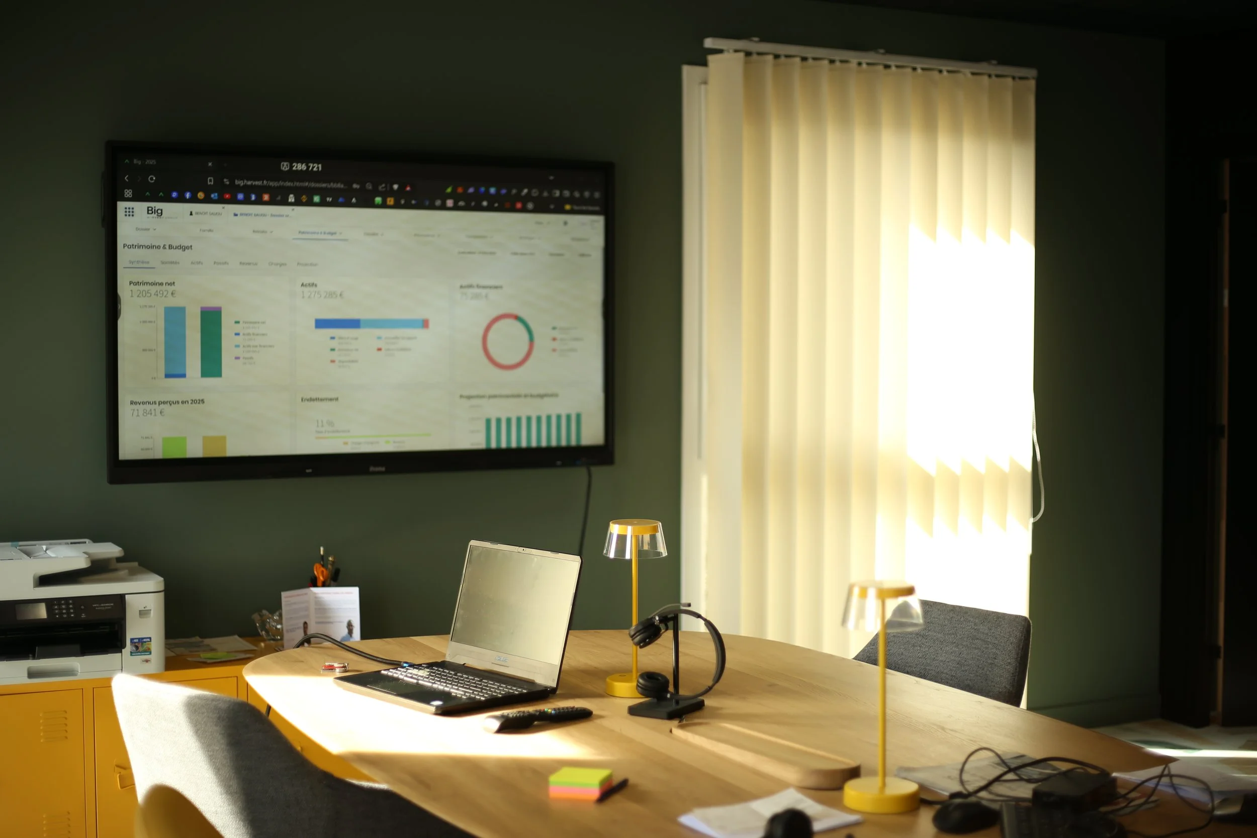 Salle de réunion avec un bureau en bois, un ordinateur portable, un projecteur, une lampe de bureau, un mur vert et un grand écran avec des graphiques et des données sur l'économie ou la finance, éclairé par la lumière naturelle d'une fenêtre avec des rideaux blancs.