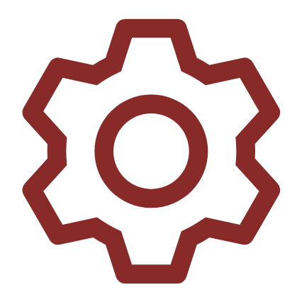Icône d'un engrenage stylisé en marron sur fond noir.