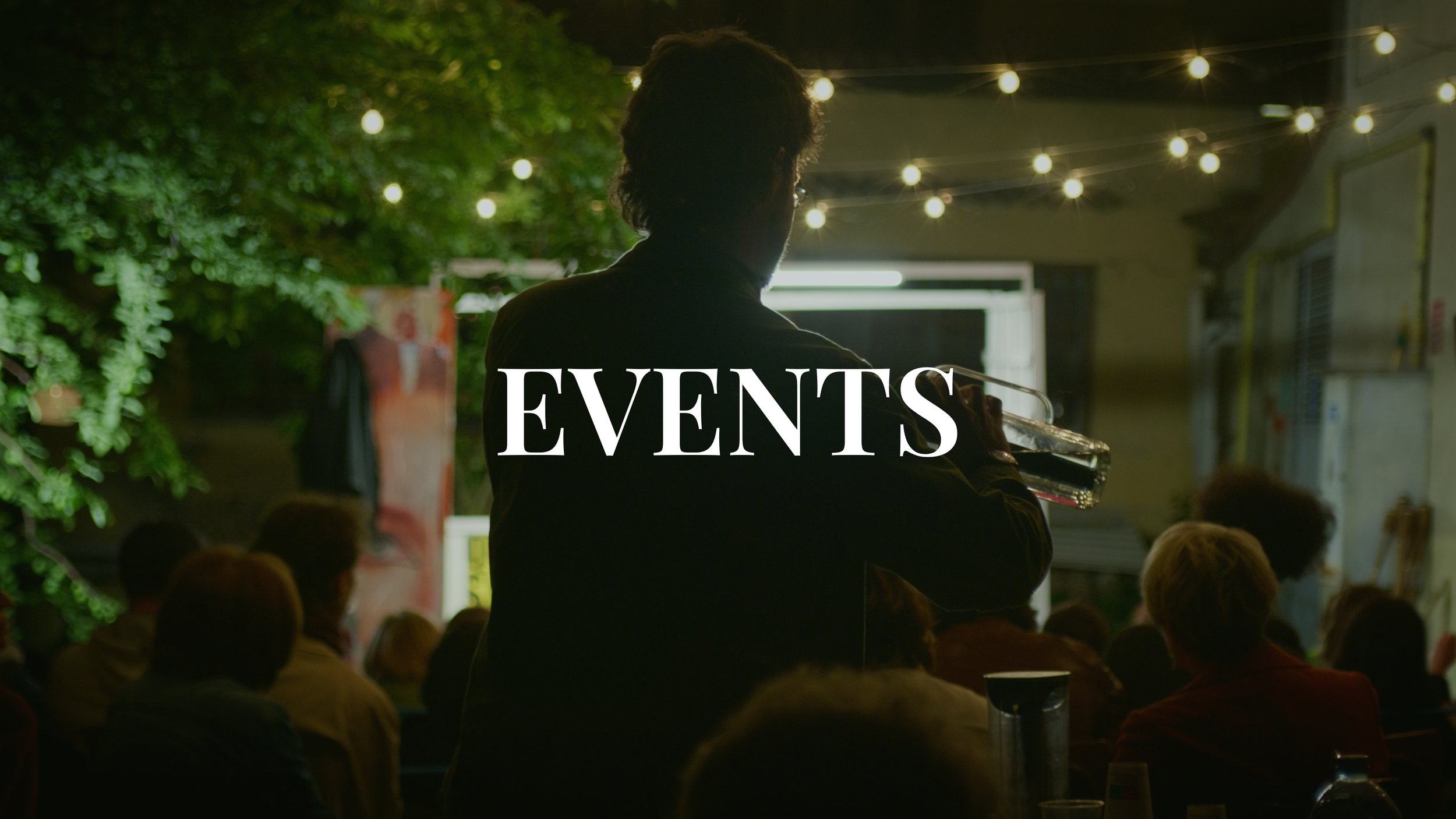 A person holding a musical instrument is silhouetted against an outdoor event with string lights and an audience, with the word 'EVENTS' overlayed.