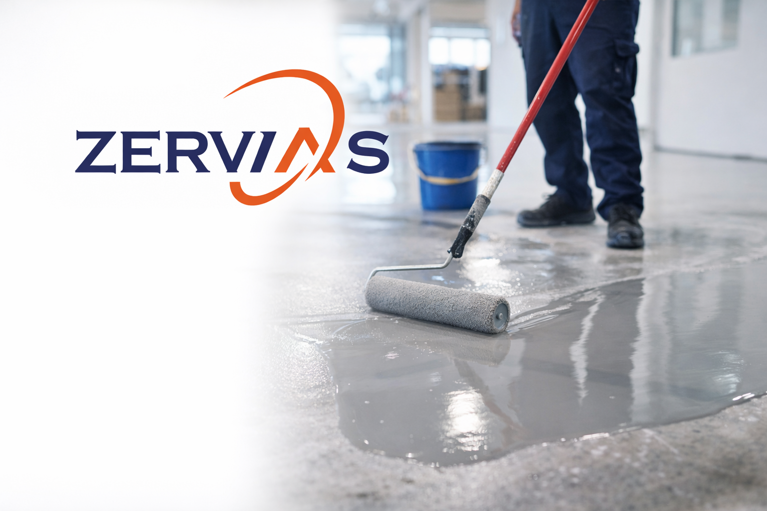Professional applying epoxy floor coating on a commercial concrete floor, illustrating epoxy flooring installation for industrial and business spaces.