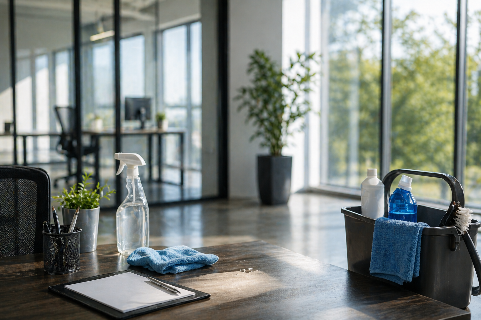 Clean modern office desk with spray bottle, cloth, and cleaning bucket in a bright workspace with large windows and plants