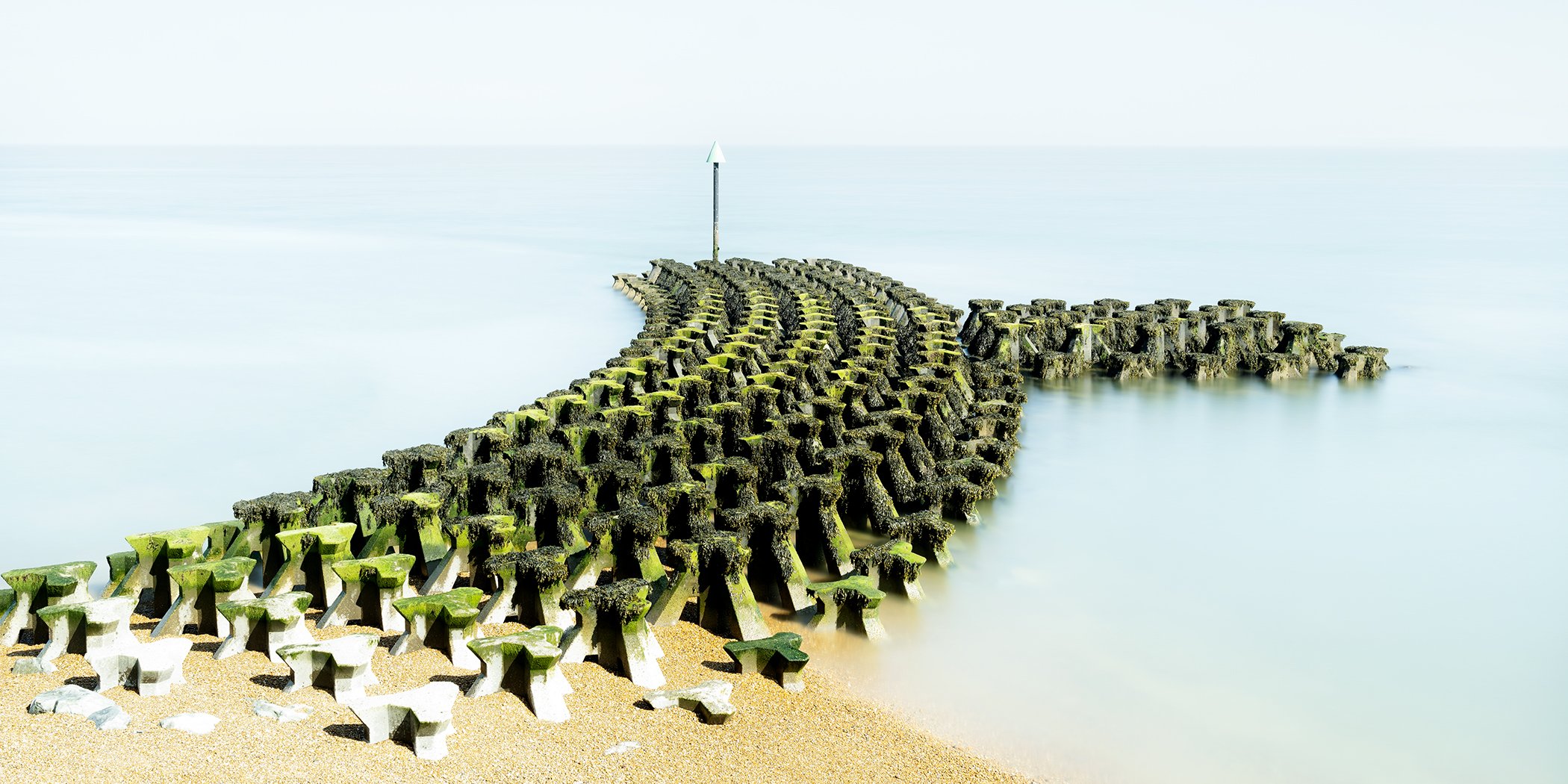 Colour photograph of moss-covered sea defences extending into calm water at Cobbold’s Point, Felixstowe, Suffolk. Photo by Gerald Berghammer.