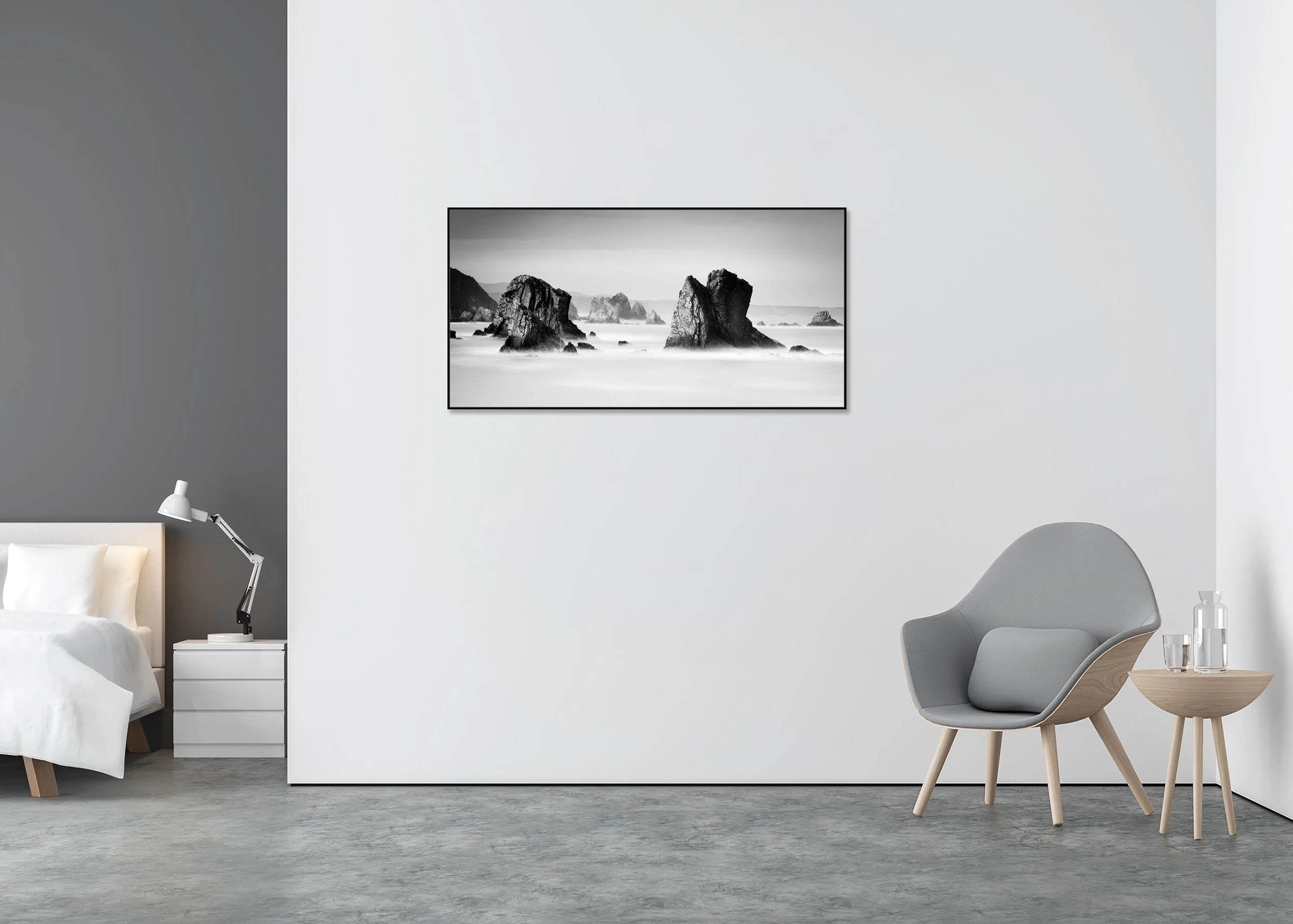 Black and white long-exposure photo print of sea rock formations at Playa del Silencio, Asturias, mounted to Dibond in an aluminium ArtBox.