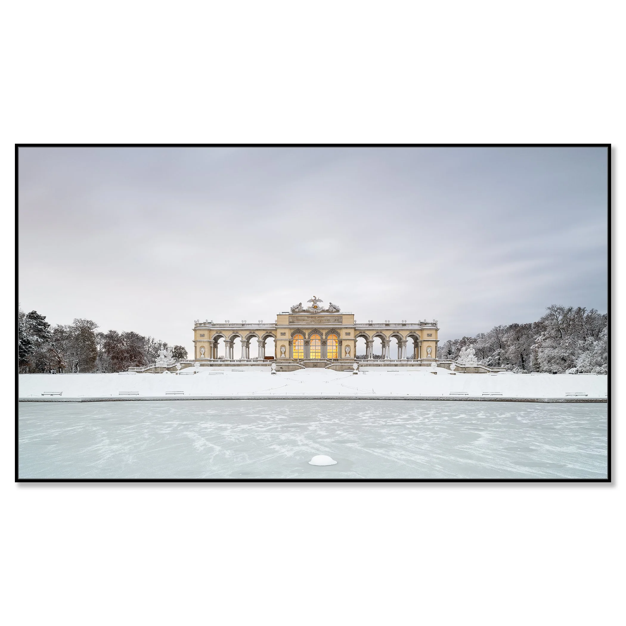Snow-Covered Gloriette at Schönbrunn Palace, Vienna, mounted on aluminium Dibond in a black ArtBox frame.