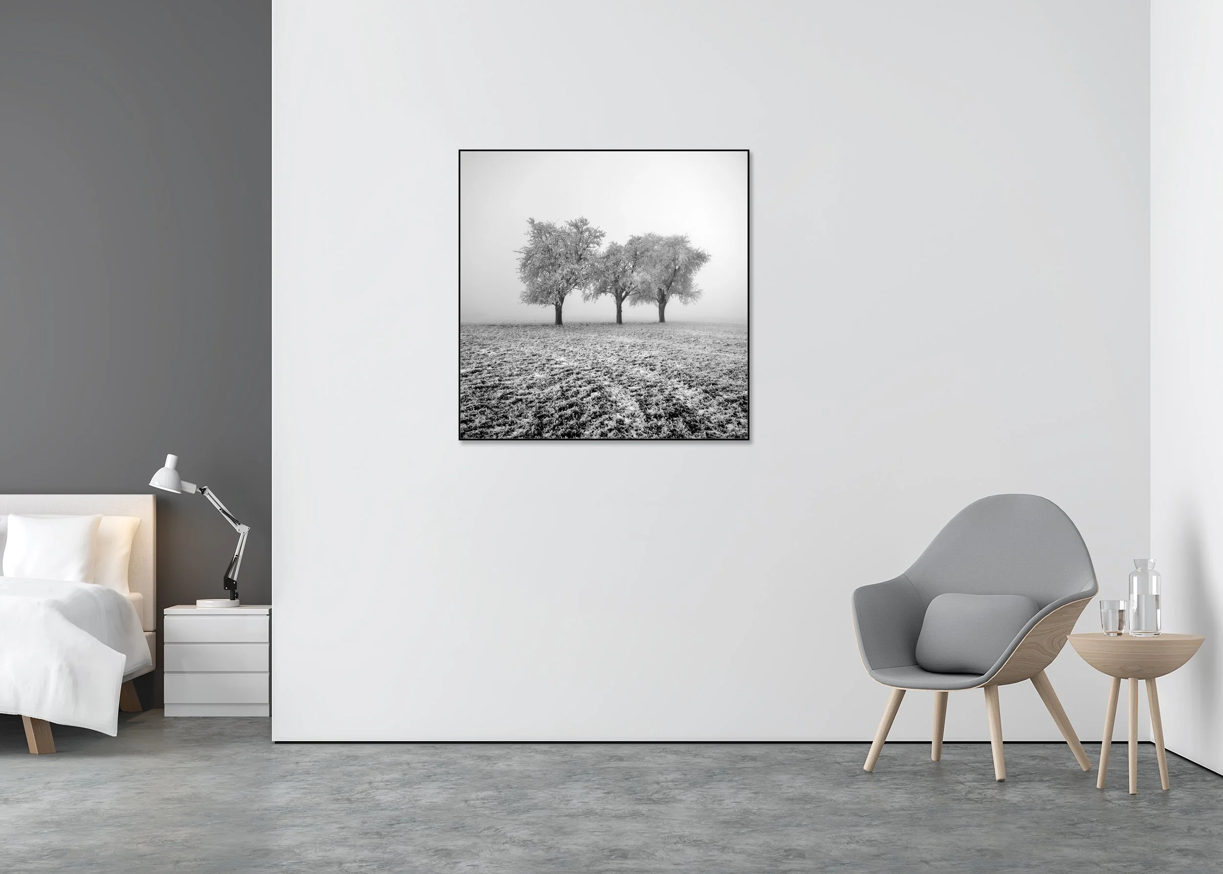 Frozen Apple Trees Study 1 – Austria, black-and-white photo print mounted on Dibond in an aluminium ArtBox