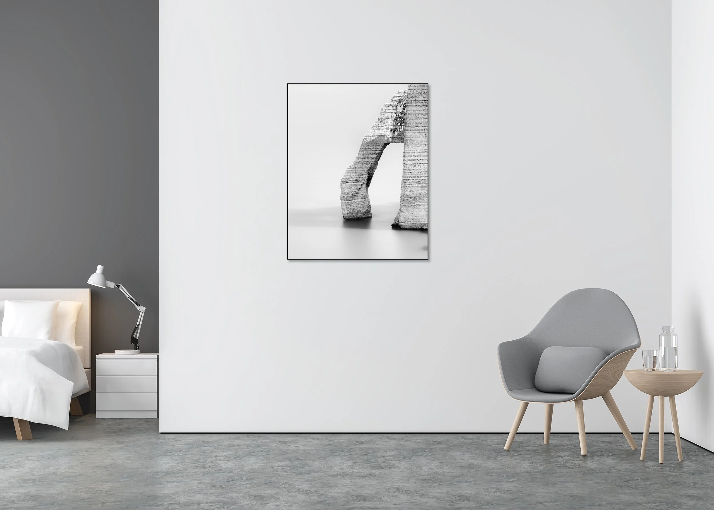 Minimalist black and white stone arch photo print mounted on Dibond in an aluminium ArtBox, with layered texture and a calm, contemporary aesthetic.