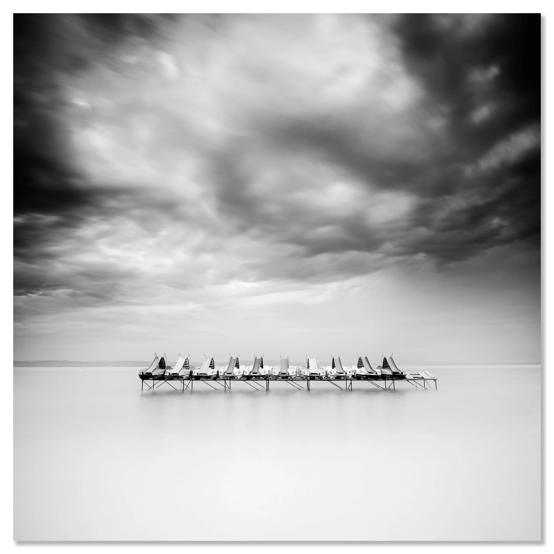 Pedal Boat Study 1, Balaton, black-and-white photograph mounted on frameless Dibond