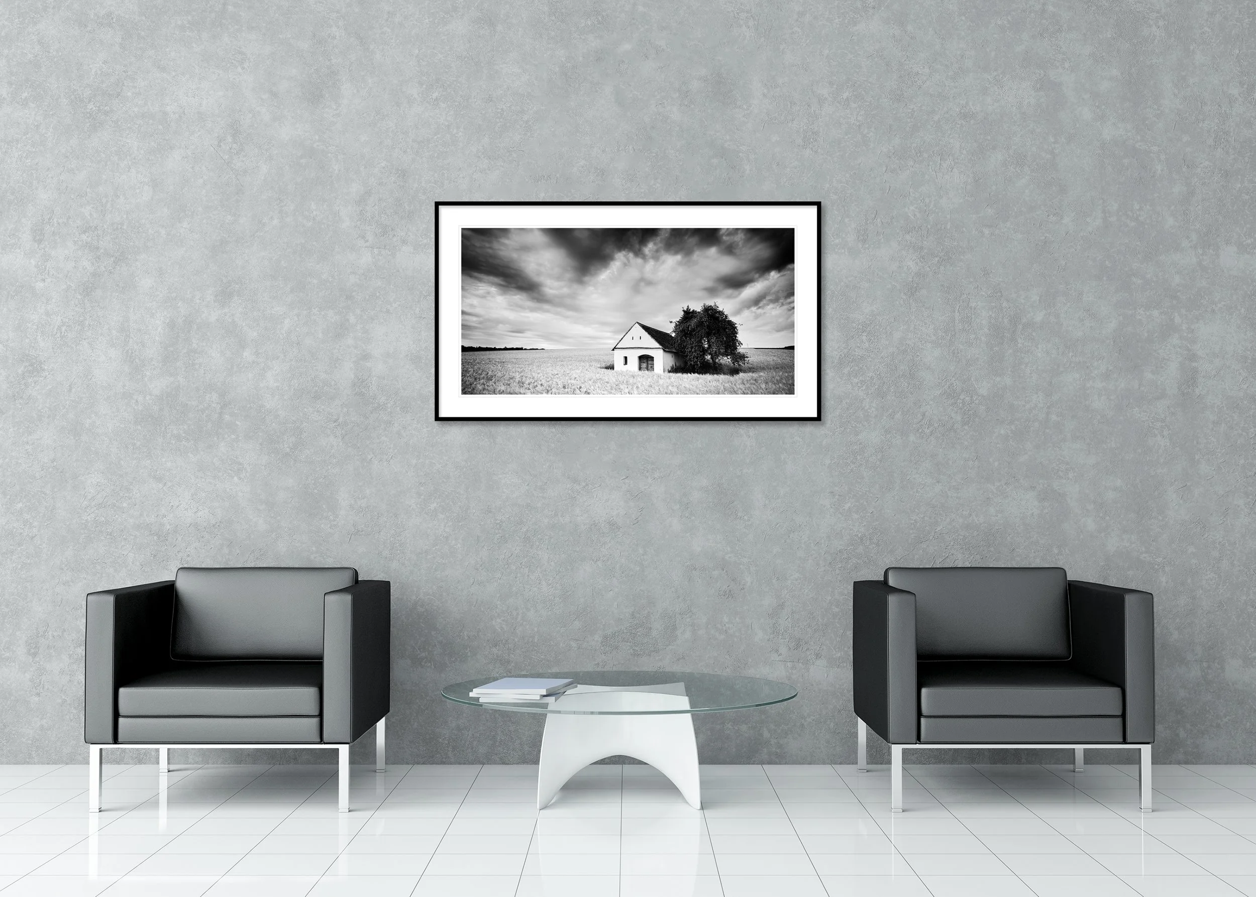 Wine Press House, Panorama Study 1 – archival pigment print in a black aluminium frame with a white mount displayed in a modern interior. Photo by Gerald Berghammer.
