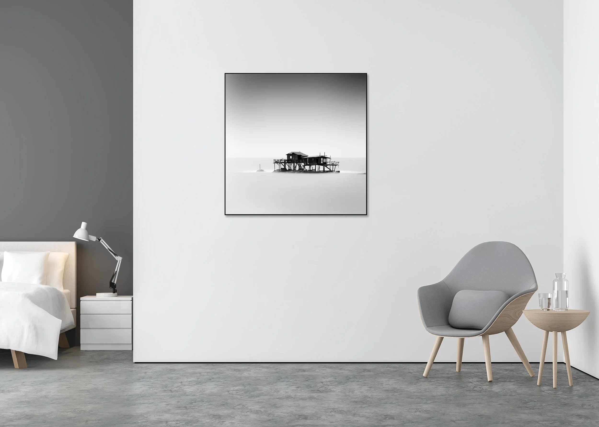 Minimalist long-exposure seascape print of stilt huts in the water at Marina di Pisa, Tuscany, Italy, mounted to Dibond in an aluminium ArtBox